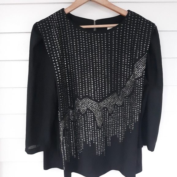 Vintage 80's Good Times Black Sparkle Blouse L/XL - Picture 3 of 6